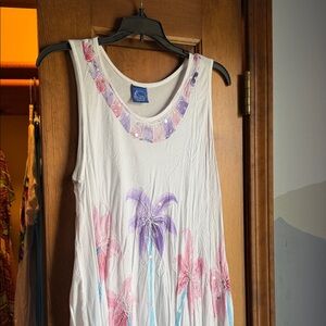White Floral Beach Cover-Up Dress with Pink & Purple Accents